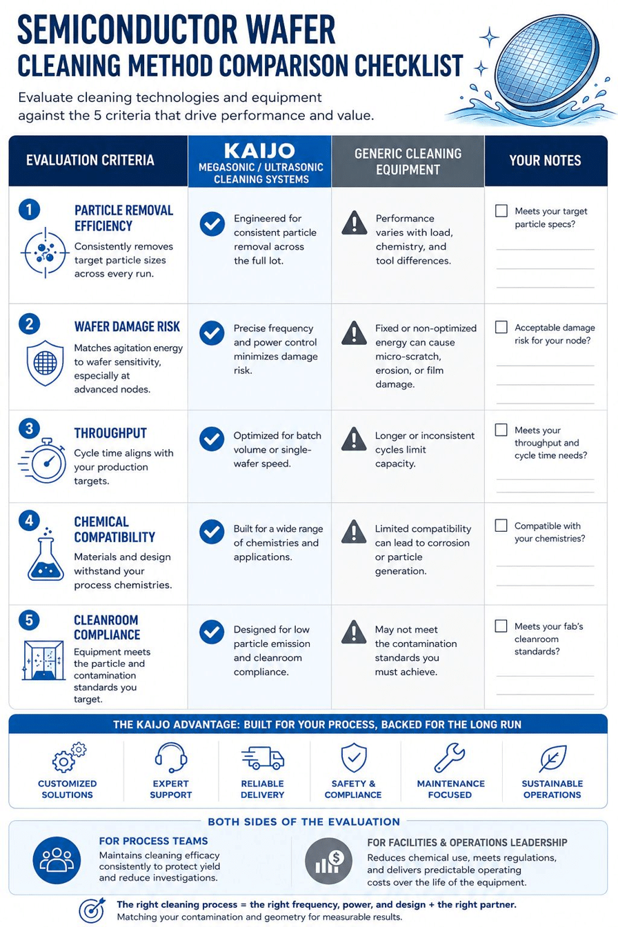 Semiconductor wafer cleaning method comparison checklist